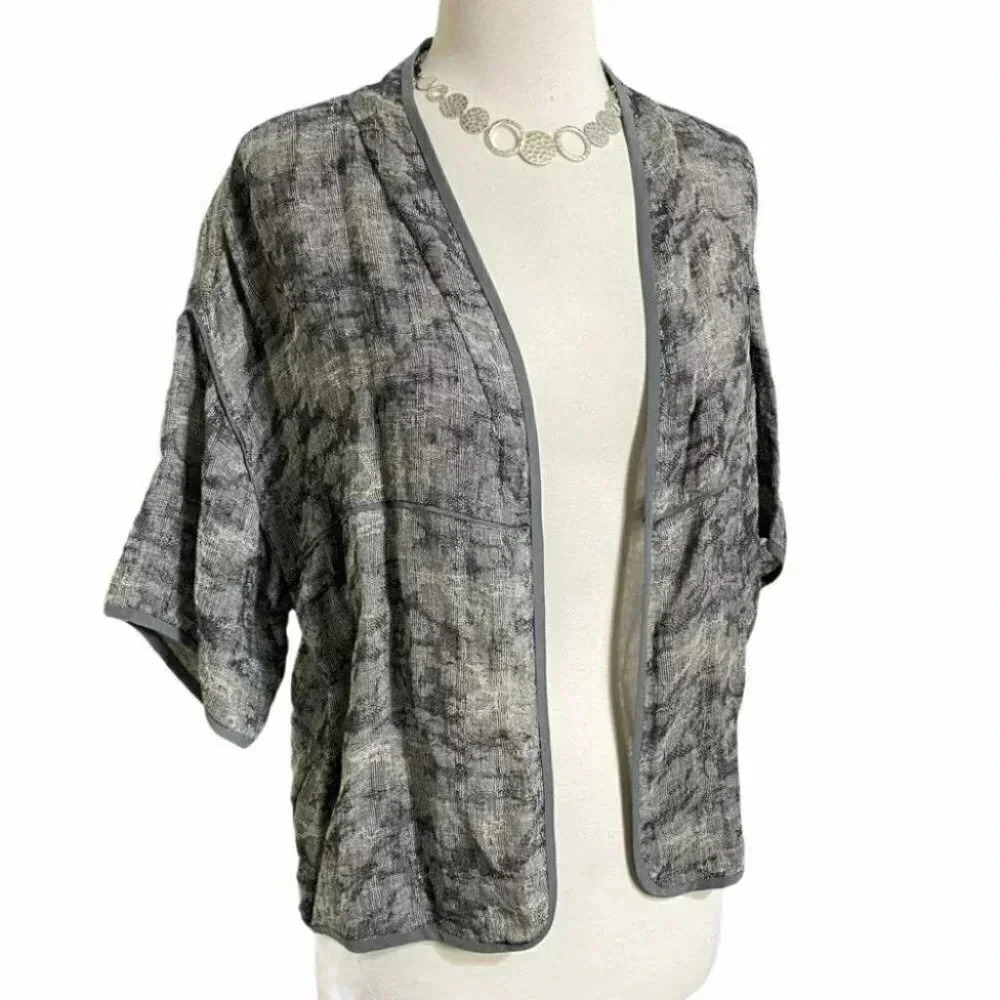 Eileen Fisher Kimono Cardigan PM Gray Abstract Open Front‎ Linen Blend Wrap Top